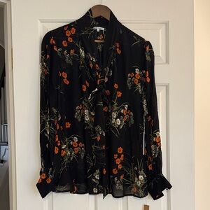 Reformation Freya Top.  Floral long sleeve with tie detail and button front
